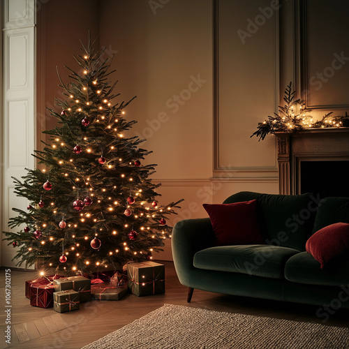 Decorated Christmas tree with warm lights and glitter red ornaments