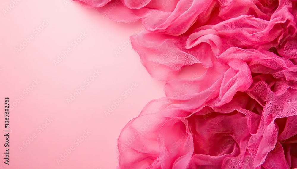 Soft, ruffled pink fabric drapes across a pale pink background, creating a delicate and elegant visual. Soft, ruffled pink fabric drapes across a pale pink background, creating a delicate and elegant visual.