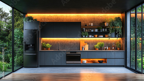 Wallpaper Mural Modern Kitchen Design With Sleek Cabinetry and Lush Greenery at Sunset. Generative AI Torontodigital.ca