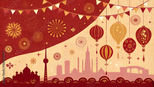 illustration festive skyline and lanterns on red background, red and gold tones, Diwali, New Year’s Eve photo