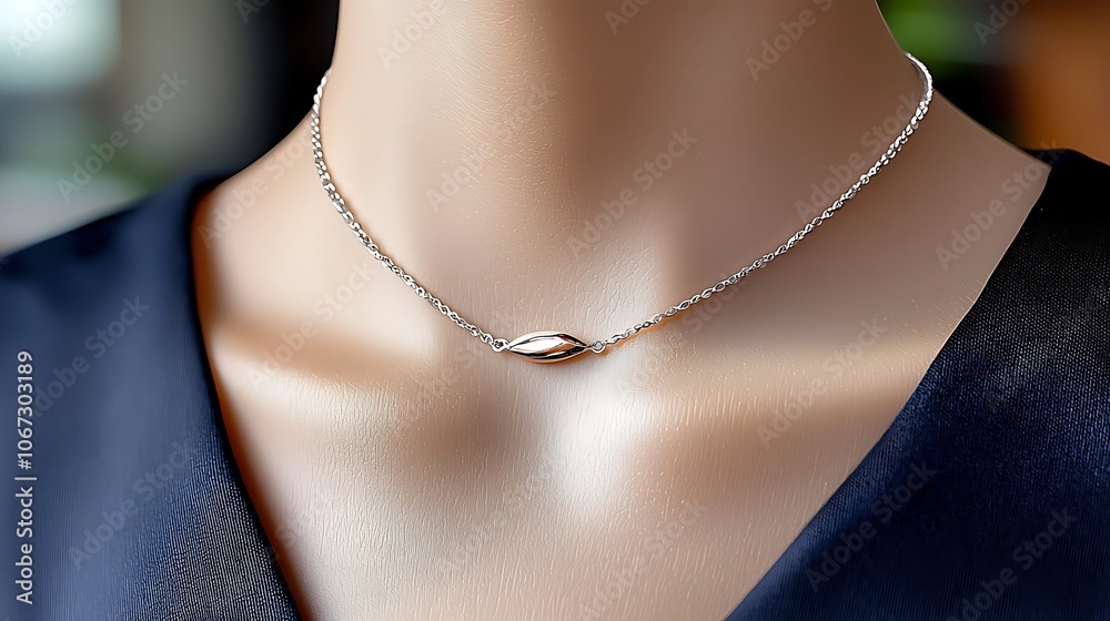 A sleek silver chain necklace draped elegantly on a mannequins neck, catching the light and creating a subtle shimmer against the deep navy background. A sleek silver chain necklace draped elegantly on a mannequins neck, catching the light and creating a subtle shimmer against the deep navy background.