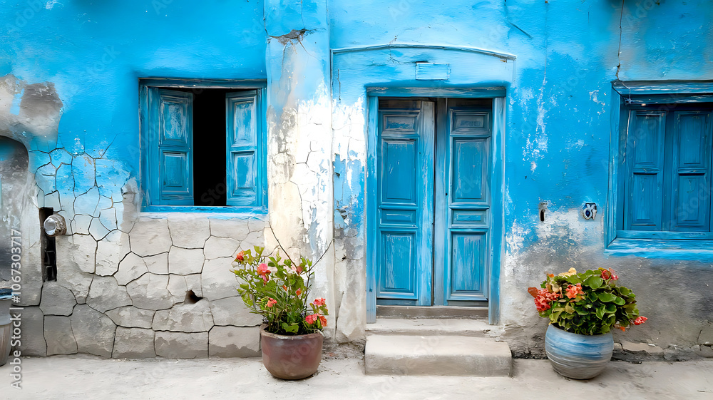 Cracked Blue Paint on an Aged Village House Wall Showcasing the Weathered Texture and Charm of Antiquity Cracked Blue Paint on an Aged Village House Wall Showcasing the Weathered Texture and Charm of Antiquity