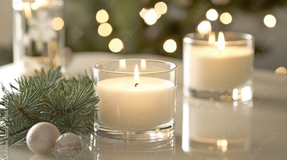 White candles and small pine branches in glass holders, softly glowing in a dimly lit, peaceful holiday setting. White candles and small pine branches in glass holders, softly glowing in a dimly lit, peaceful holiday setting.