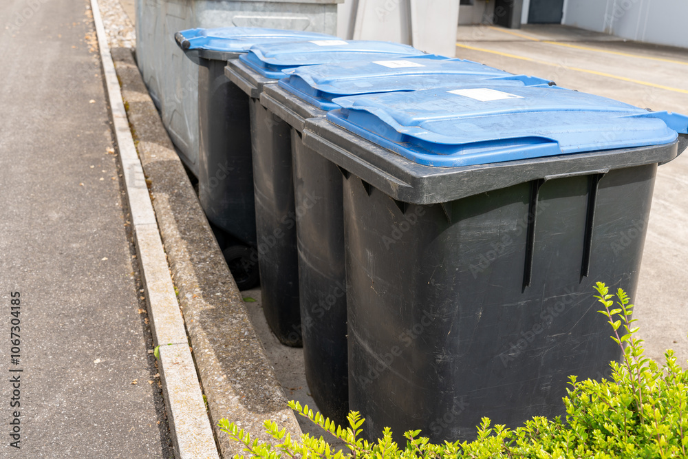 Four black trash bins with blue lids, and several trash metal containers behind. Concept of trash separation, reuse, recycling and ecology.