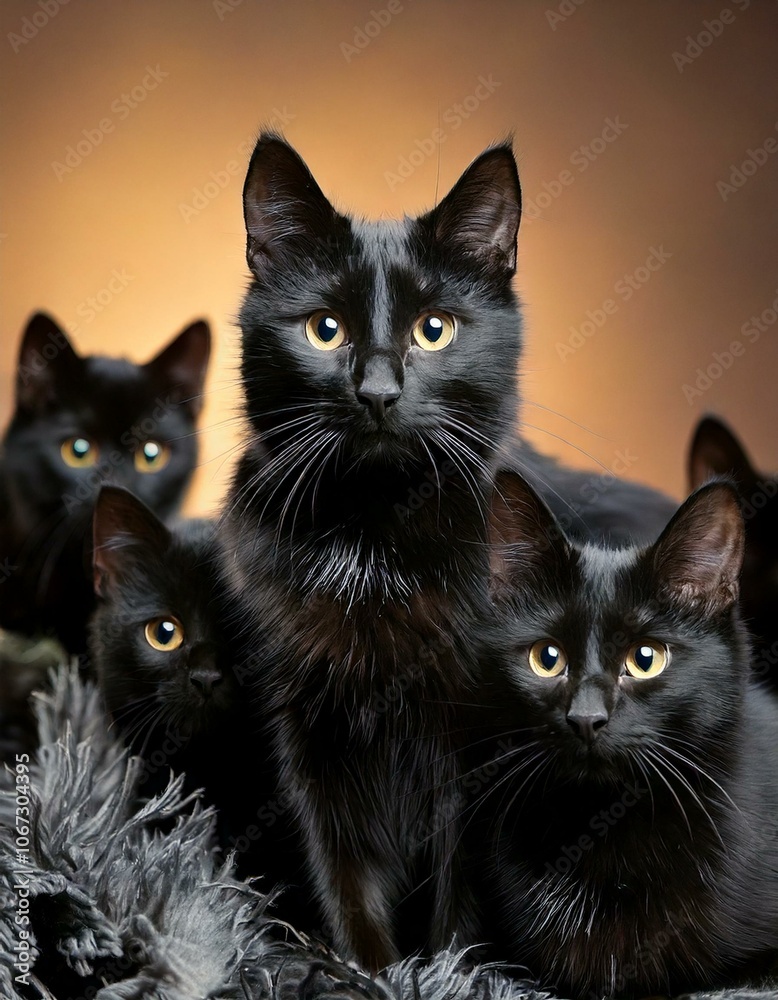 Group of Cute Black cats in a group posing for the photo