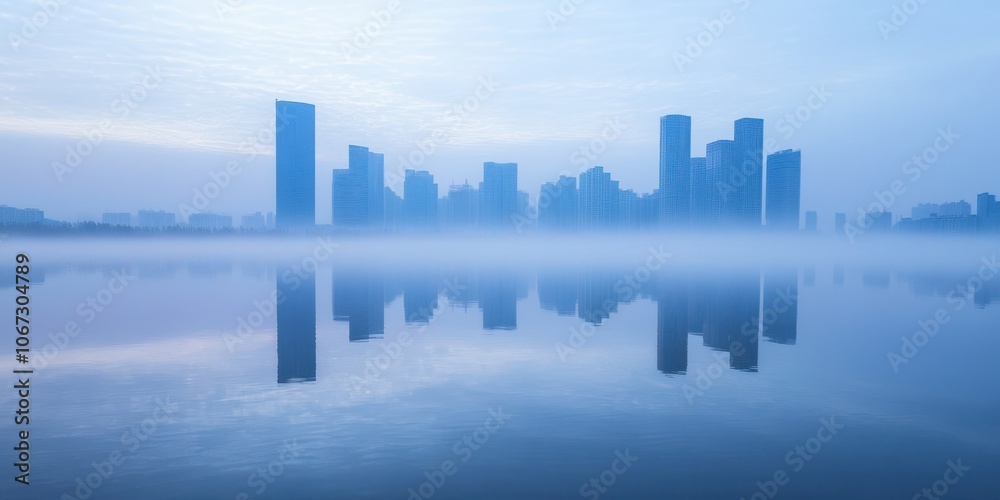 Fototapeta premium Foggy City Skyline Reflection in Water