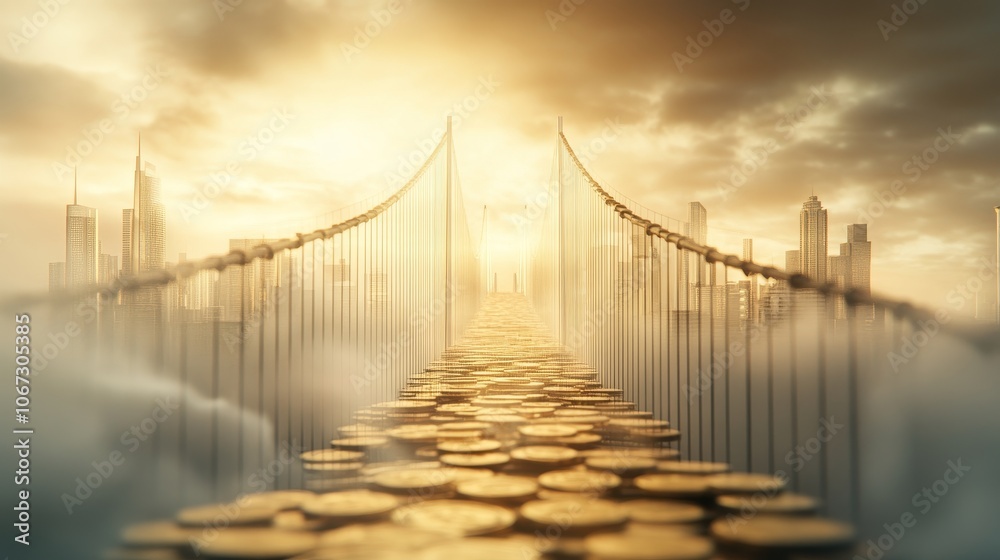Obraz premium Golden Coin Bridge Uniting Futuristic Cities, representing the connection between investment and economic prosperity, gleaming with potential and innovation
