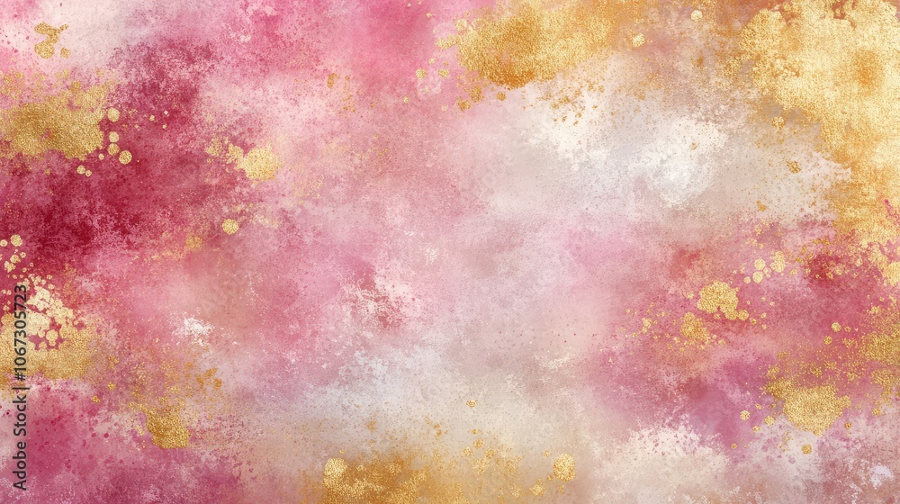 Fototapeta premium Abstract, watercolor-style ornament in shades of pink, gold, and white with soft, blurred edges.