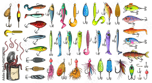 Vibrant fishing lures and baits displayed