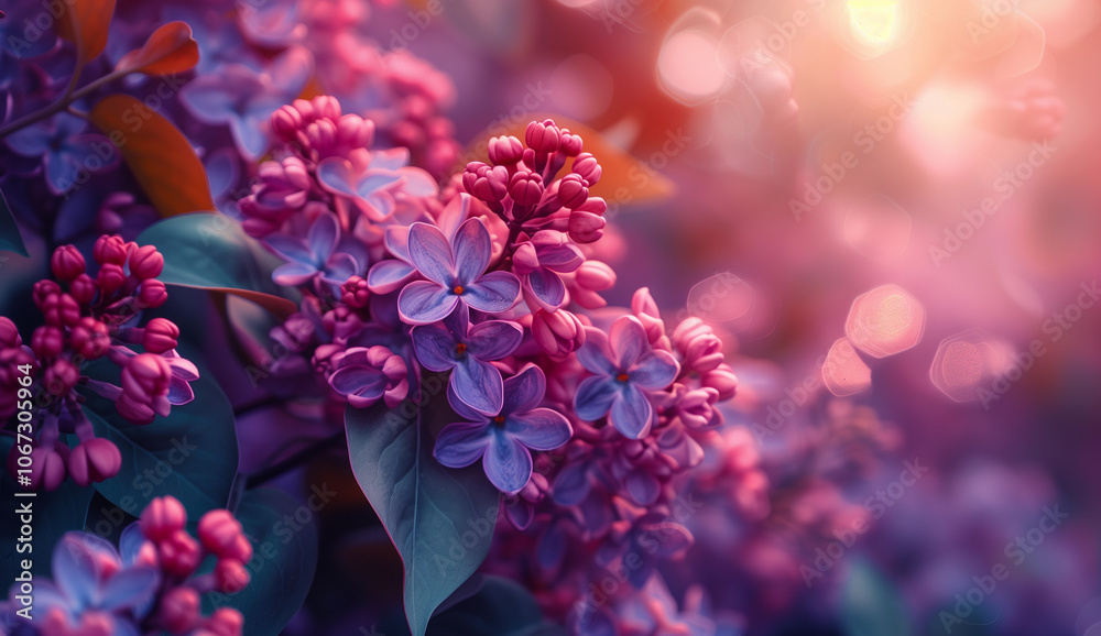 Delicate lilac blooms basking in the gentle glow of sunset in a vibrant spring garden