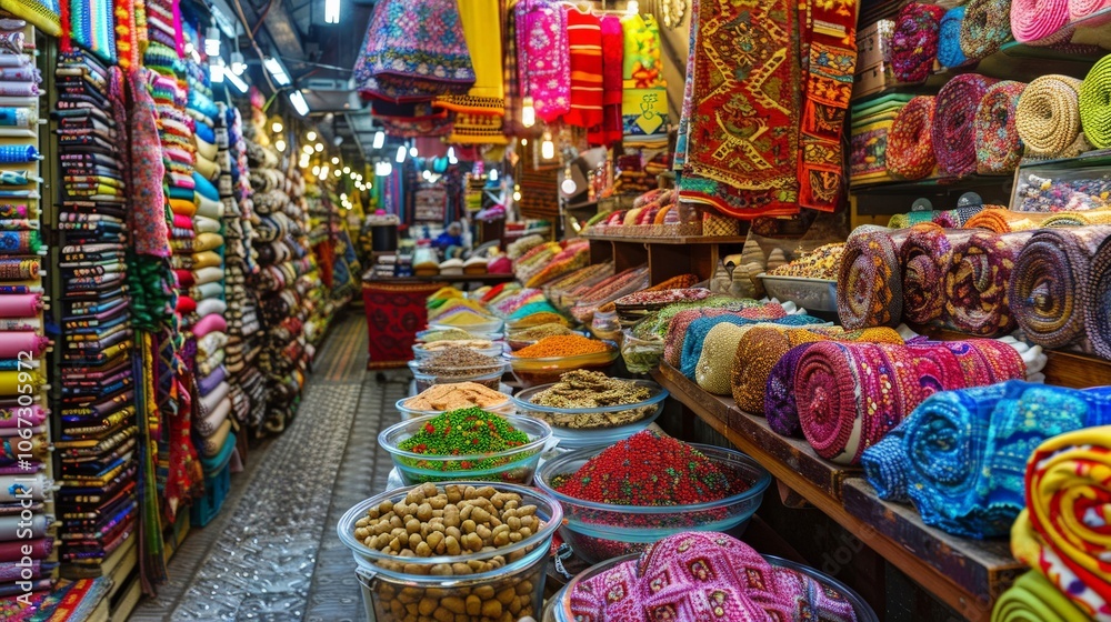 A Turkish bazaar with a variety of street foods including kebabs, baklava, and Turkish delight, surrounded by vibrant textiles A Turkish bazaar with a variety of street foods including kebabs, baklava, and Turkish delight, surrounded by vibrant textiles