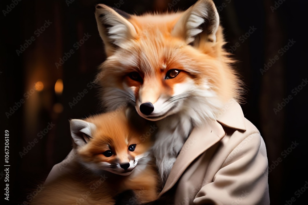 Fototapeta premium a vixen in a white coat caring for a small fox cub in a warm and