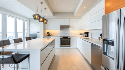 Minimalist condo kitchen design with clean lines, modern appliances, and a sleek, sophisticated aesthetic.