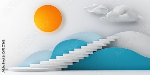 Abstract Staircase with Sun  Clouds and Blue Waves Background