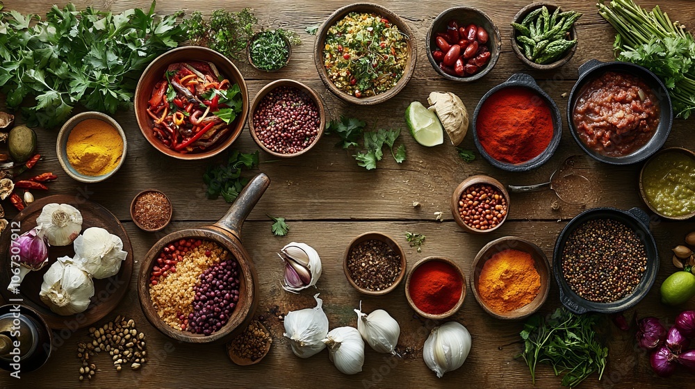 A vibrant assortment of spices and fresh ingredients for cooking. A vibrant assortment of spices and fresh ingredients for cooking.