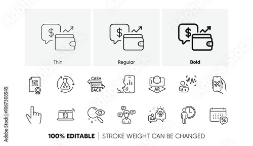 Flight mode, Calendar tax and Cashback card line icons. Pack of Voicemail, Cursor, Search icon. Conversation messages, Wallet, Augmented reality pictogram. Idea, Chemistry experiment. Vector