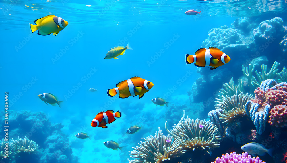Obraz premium Tropical Fish and Coral Reef Pattern.