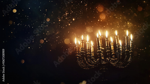  silhouette of an elegant and ornate menorah with lit candles against a dark background, with glittering sparkles scattered around it photo