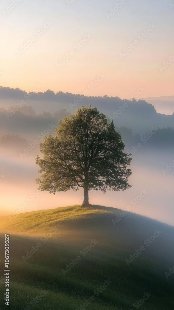 Misty Hilltop Solitude, a solitary tree stands against a golden hour backdrop, enveloped in soft mist, evoking tranquility and reflection. Misty Hilltop Solitude, a solitary tree stands against a golden hour backdrop, enveloped in soft mist, evoking tranquility and reflection.