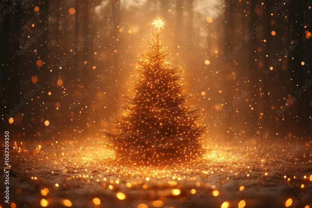 Naklejka premium merry christmas background featuring a beautifully decorated christmas tree surrounded by soft golden bokeh lights creating a warm and festive atmosphere for the holiday season