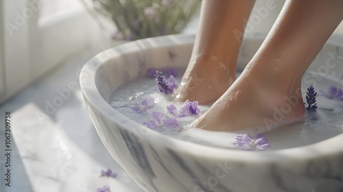Relaxing Lavender Foot Soak in Luxurious Marble Bowl. Pamper your feet with this aromatic, soothing spa treatment.