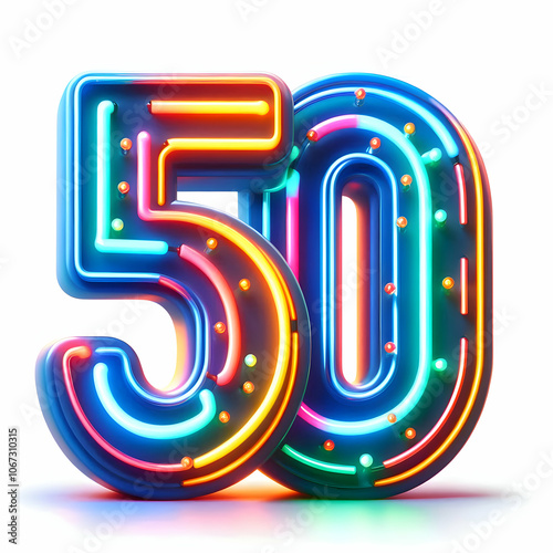3d colorful neon number 50 isolated