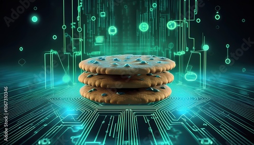 Digital Cookies Concept with Cyber Background , symbolizing internet cookies, data tracking, and online privacy