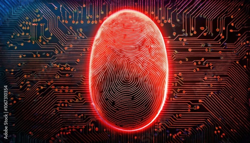 Glowing Red Digital Fingerprint on Circuit Background photo