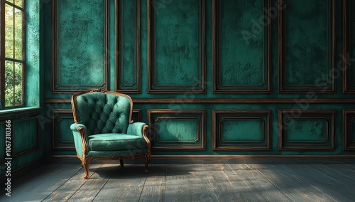 dark green wall with classic paneling and an armchair in front, set against grey wood flooring. 