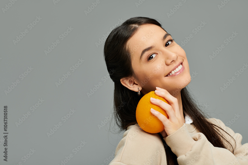 A cheerful young woman embraces a bright orange while showcasing her trendy attire. A cheerful young woman embraces a bright orange while showcasing her trendy attire.