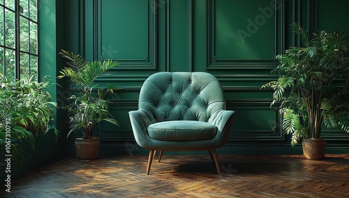 dark green wall with classic paneling and an armchair in front, creating a sophisticated atmosphere. 