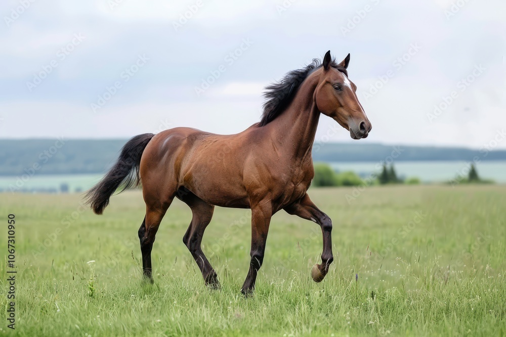 Brown Horse Running in Field with Green Grass Brown Horse Running in Field with Green Grass