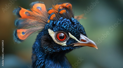 A close-up portrait of a peacock's head with vibrant blue feathers, a white stripe, and bright red eyes.