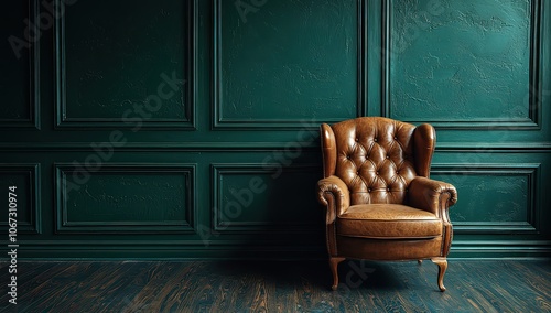 dark green wall with classic paneling and an armchair in front, creating a sophisticated interior design background. 