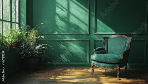dark green wall with classic paneling and an armchair in front, creating a sophisticated interior design background. 