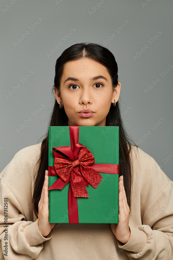 An emotional young woman holds a beautifully wrapped gift, showcasing her anticipation and joy. An emotional young woman holds a beautifully wrapped gift, showcasing her anticipation and joy.