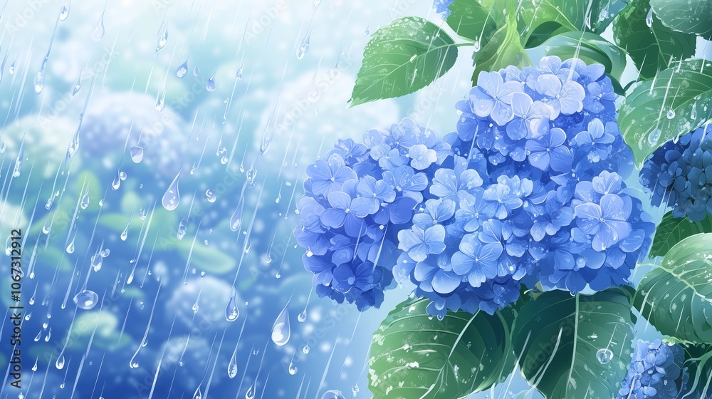 Obraz premium Blue hydrangeas glistening with raindrops during a gentle spring shower in a tranquil garden setting