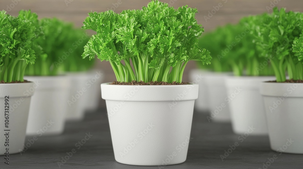 Rows of potted parsley plants on a rustic wooden surface. Rows of potted parsley plants on a rustic wooden surface.