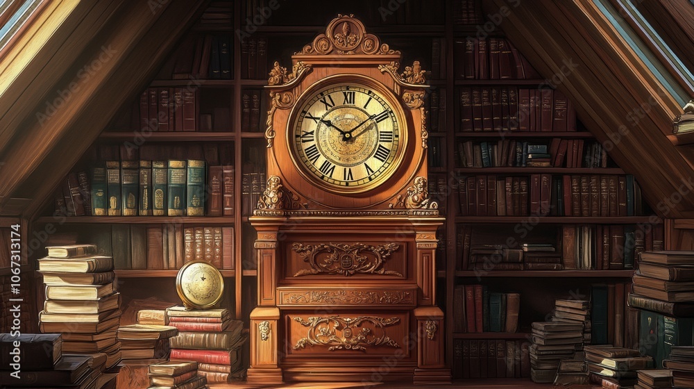 Elegant wooden clock with intricate carvings, nestled among dusty books in a charming attic setting, evoking nostalgia and craftsmanship Elegant wooden clock with intricate carvings, nestled among dusty books in a charming attic setting, evoking nostalgia and craftsmanship