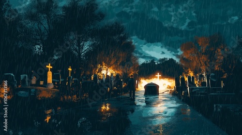 halloween concept. old cemetery and lanterns in night fog