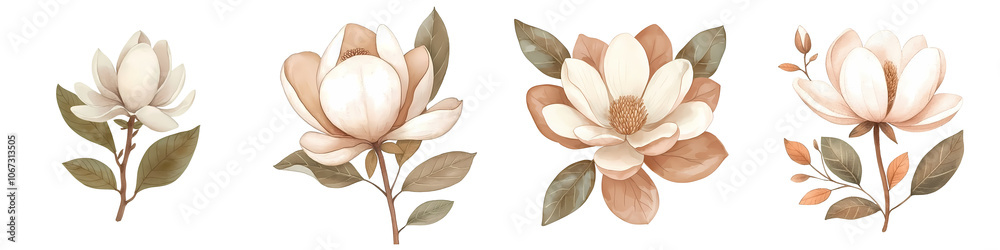 A white magnolia flower watercolor detail with creamy petals and green leaves isolated on white and transparent background A white magnolia flower watercolor detail with creamy petals and green leaves isolated on white and transparent background
