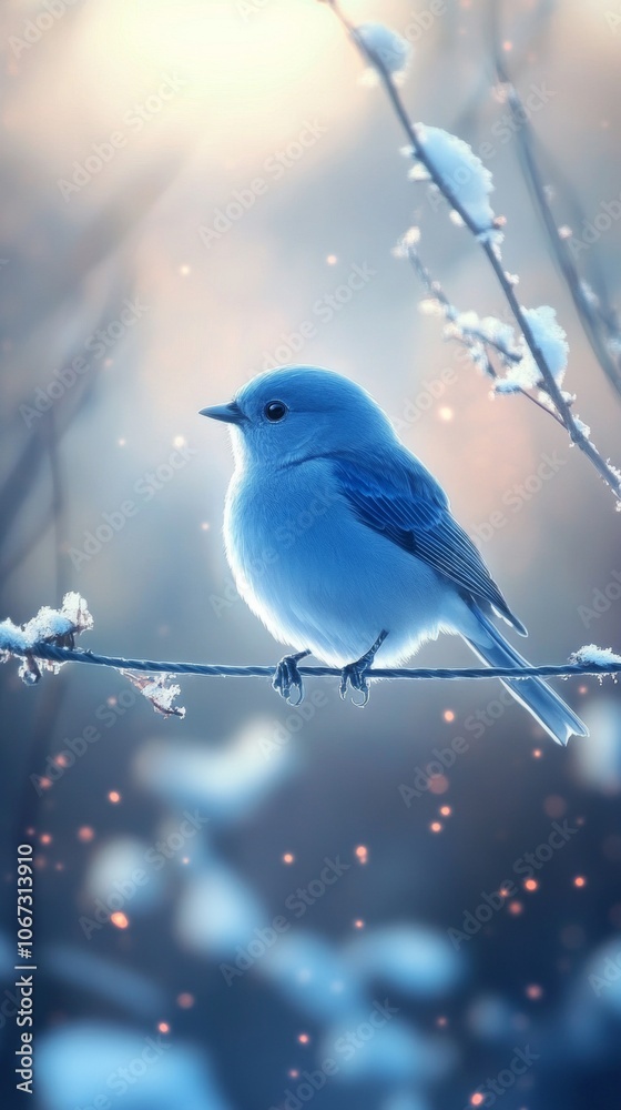 Fototapeta premium Bluebird on a Wire, vibrant bluebird resting on a wire against a softly blurred sky, evoking tranquility and nature's beauty