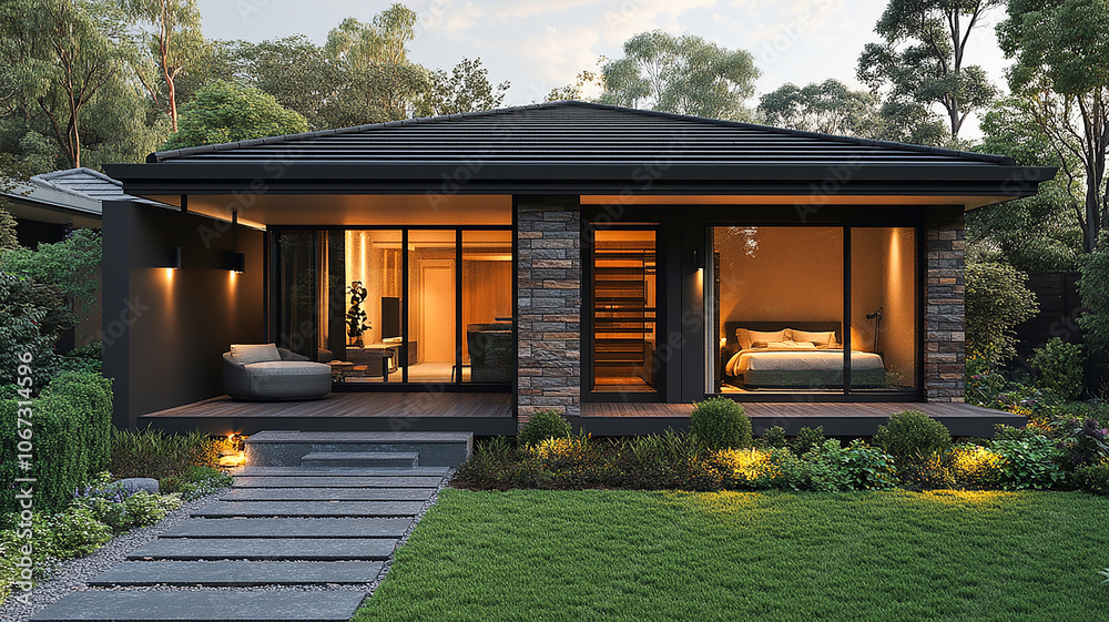 Modern Single Story Home With Large Windows Surrounded by Greenery at Sunset. Generative AI Modern Single Story Home With Large Windows Surrounded by Greenery at Sunset. Generative AI