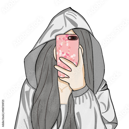 Illustrated Girl Taking Selfie with Flower Phone Case