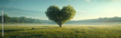 Heart-shaped Tree in Green Meadow with Blue Sky Background