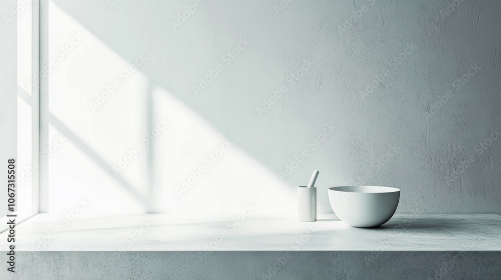 Minimal Kitchen Concept with Natural Light and Simple White Utensils on a Clean Countertop Minimal Kitchen Concept with Natural Light and Simple White Utensils on a Clean Countertop