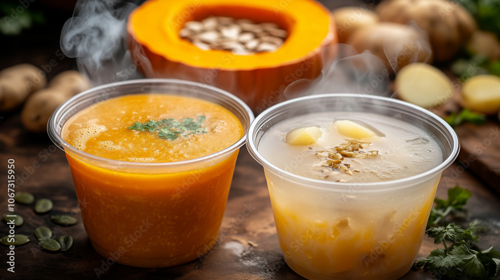 Two Steaming Soups in Plastic Cups with Pumpkin Background Two Steaming Soups in Plastic Cups with Pumpkin Background