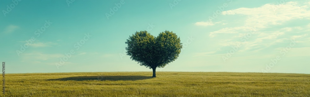 Heart-shaped Tree in Green Meadow with Blue Sky Background