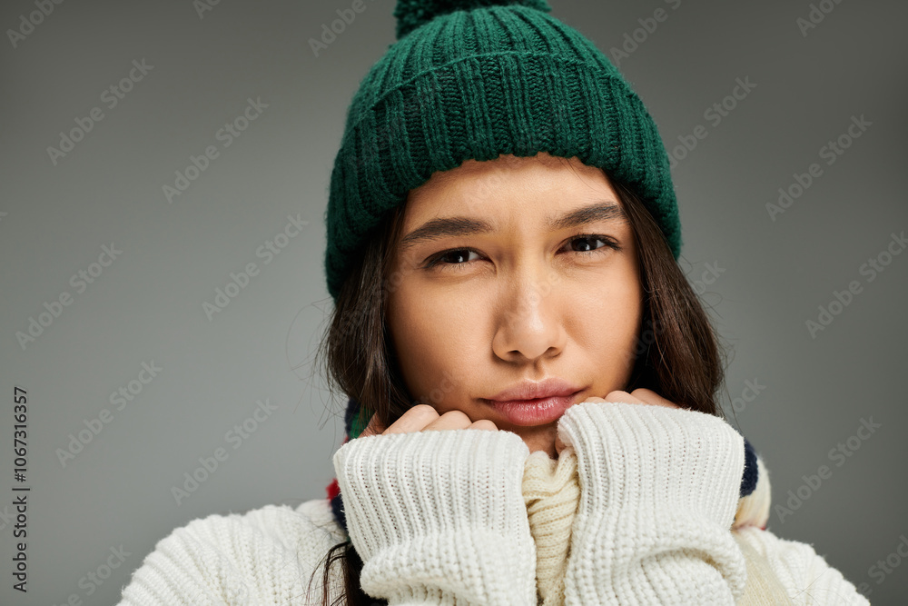 A young woman expresses her emotions while warmly dressed, capturing a heartfelt moment. A young woman expresses her emotions while warmly dressed, capturing a heartfelt moment.