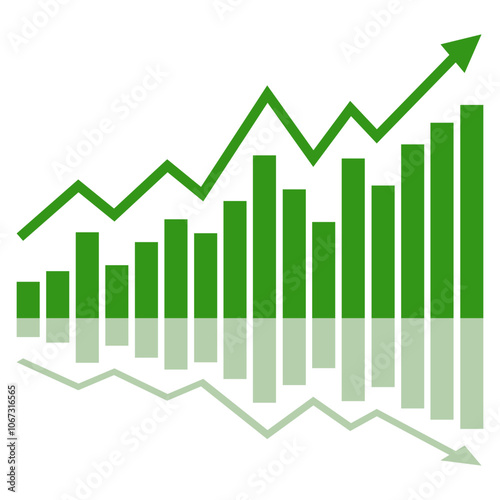 Business success chart reflection diagram with arrows, profit growth symbols, progress bar symbols, growing graph icons. Vector illustration